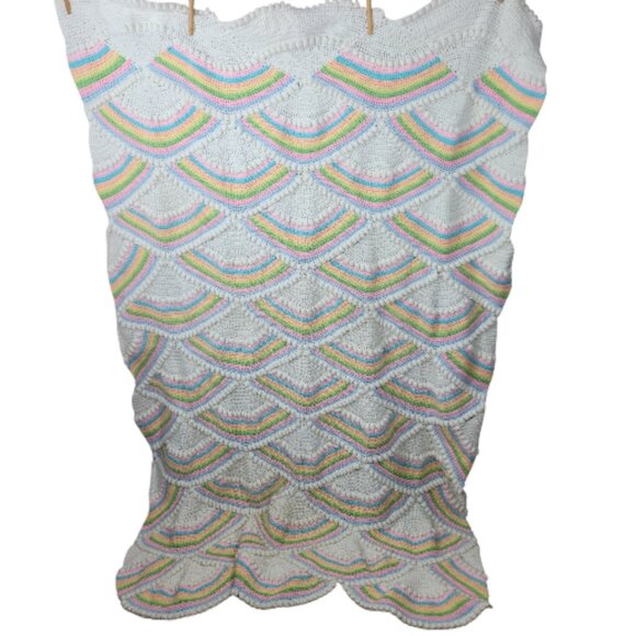 Handmade Crochet Afghan Blanket Pastel Rainbow Multicolor Retro Pride 48 x 76